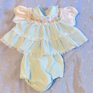 Vintage newborn dress. Layered lace lined ruffles with embroidered flowers bib